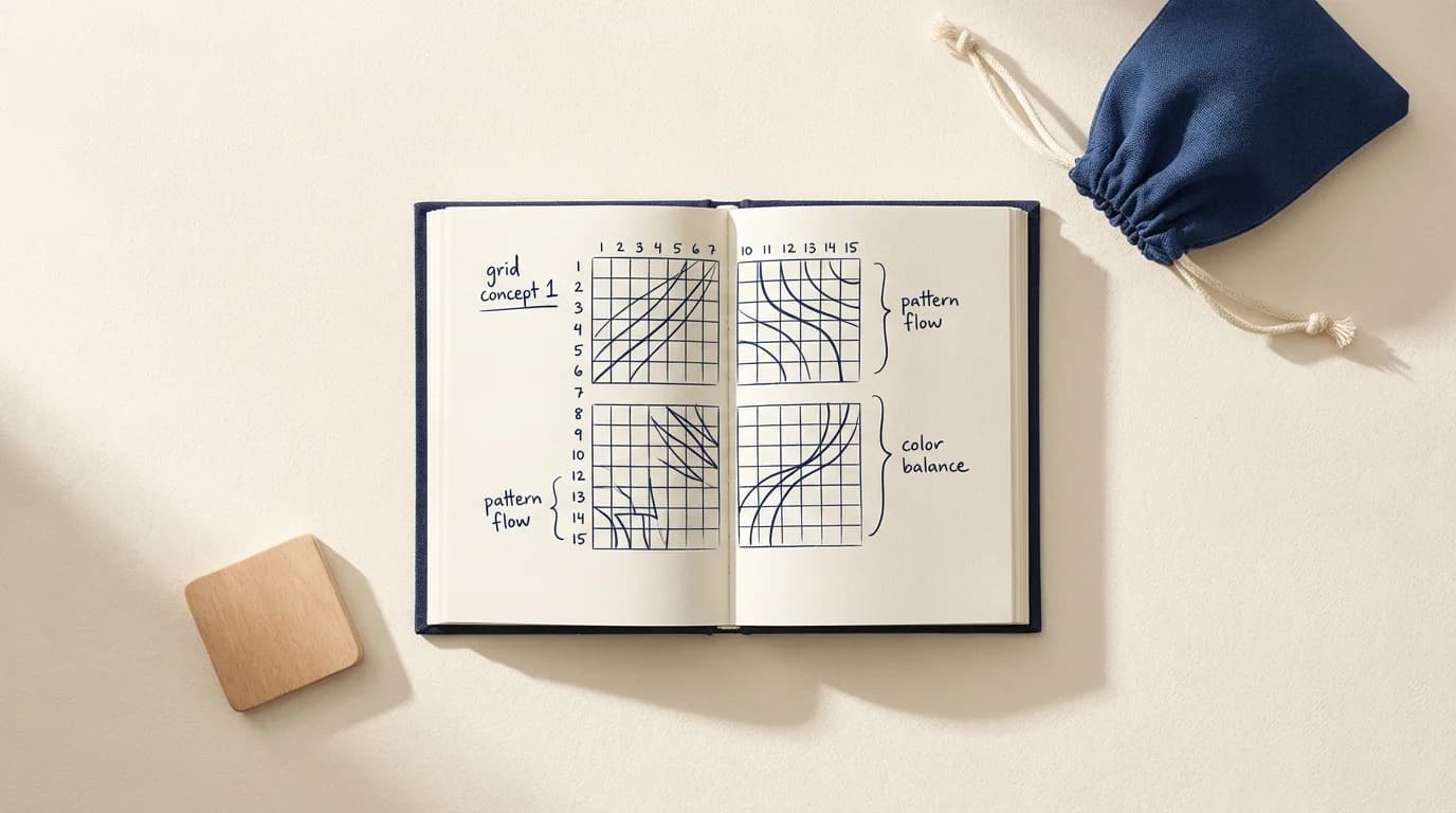 Open notebook with hand-sketched 15×15 board diagrams, a drawstring tile bag, and a single blank wooden tile resting on cream paper.
