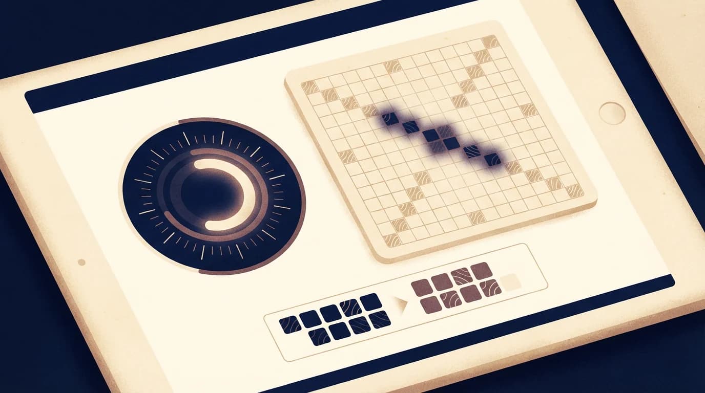 Post-game analysis panel showing a circular brilliancy score ring beside a miniature 15×15 board with one move highlighted by a soft navy glow and a single comparison row below.