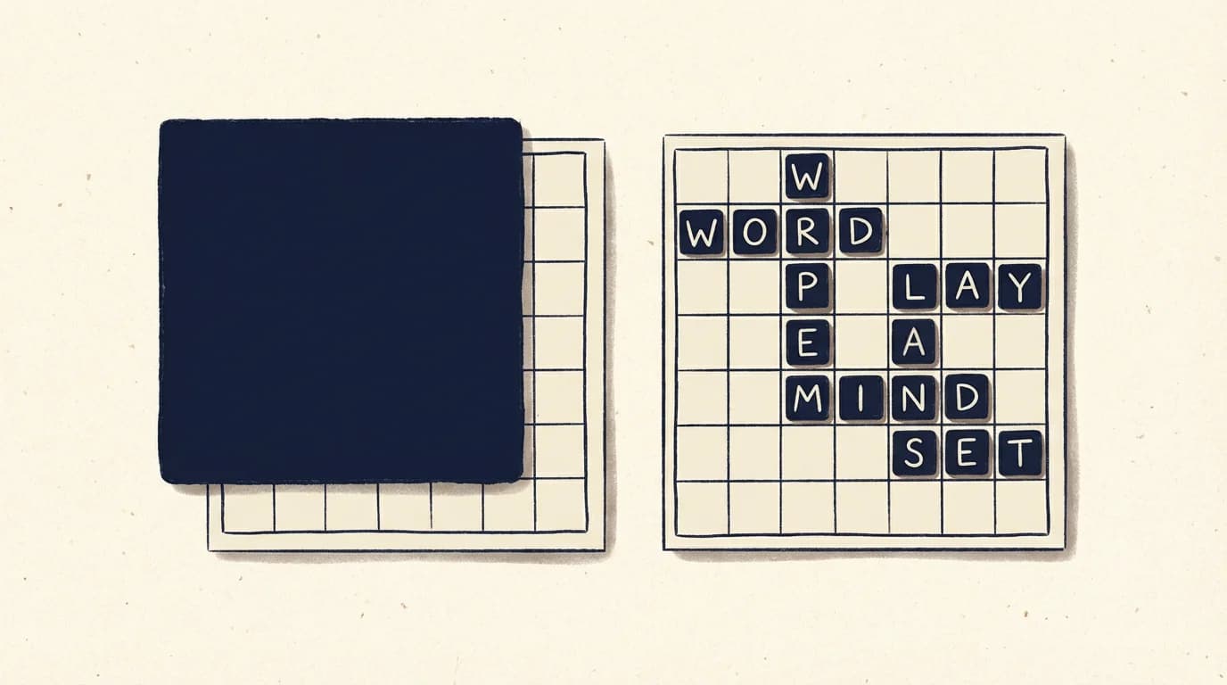 Two miniature board states side by side: one half-covered by a generic dark interstitial card with no logos, the other fully visible and mid-play.