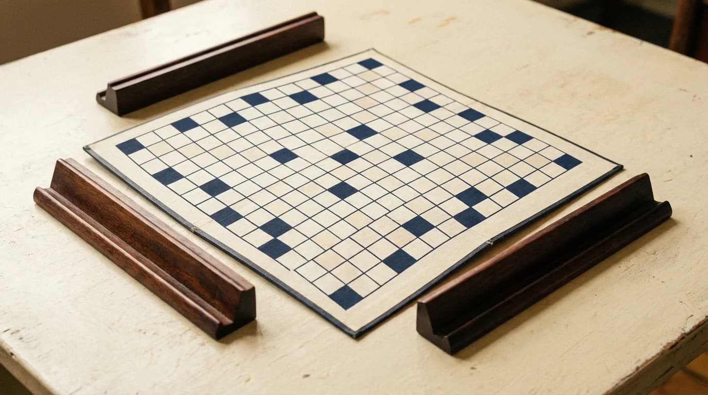 Two empty tile racks facing each other across a 15×15 word-game board, each with the same seven blank tile slots and no visual indication of who the player is.