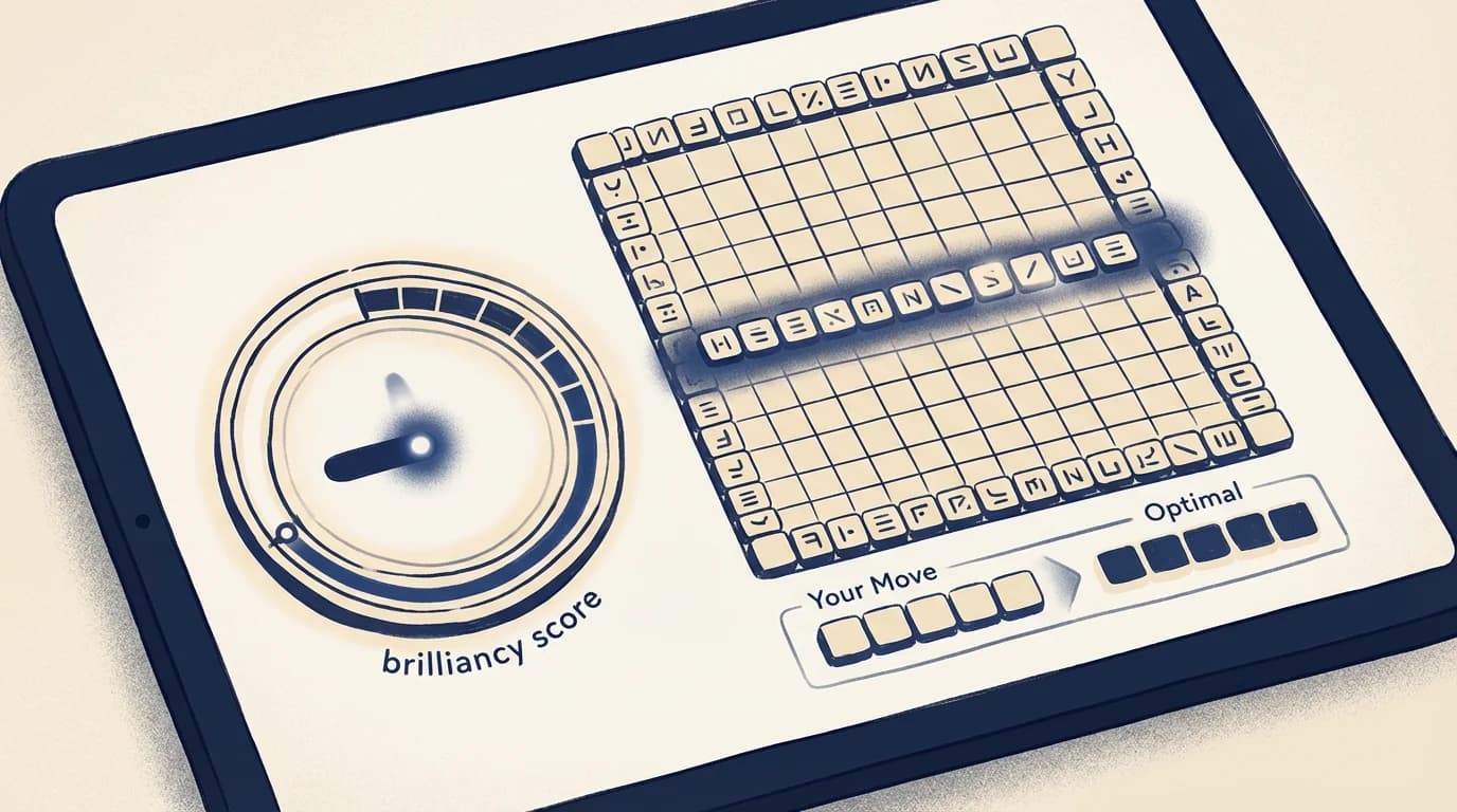 Post-game analysis panel showing a circular brilliancy score ring beside a miniature WordSalvo board with a single optimal-move row highlighted.