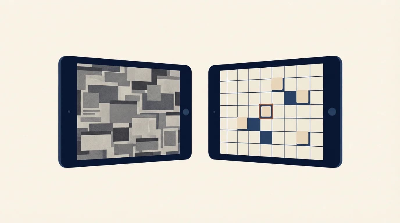 Two abstract tablet silhouettes side by side — one dense and busy, the other a calm WordSalvo 15×15 board mid-game on a warm cream background.