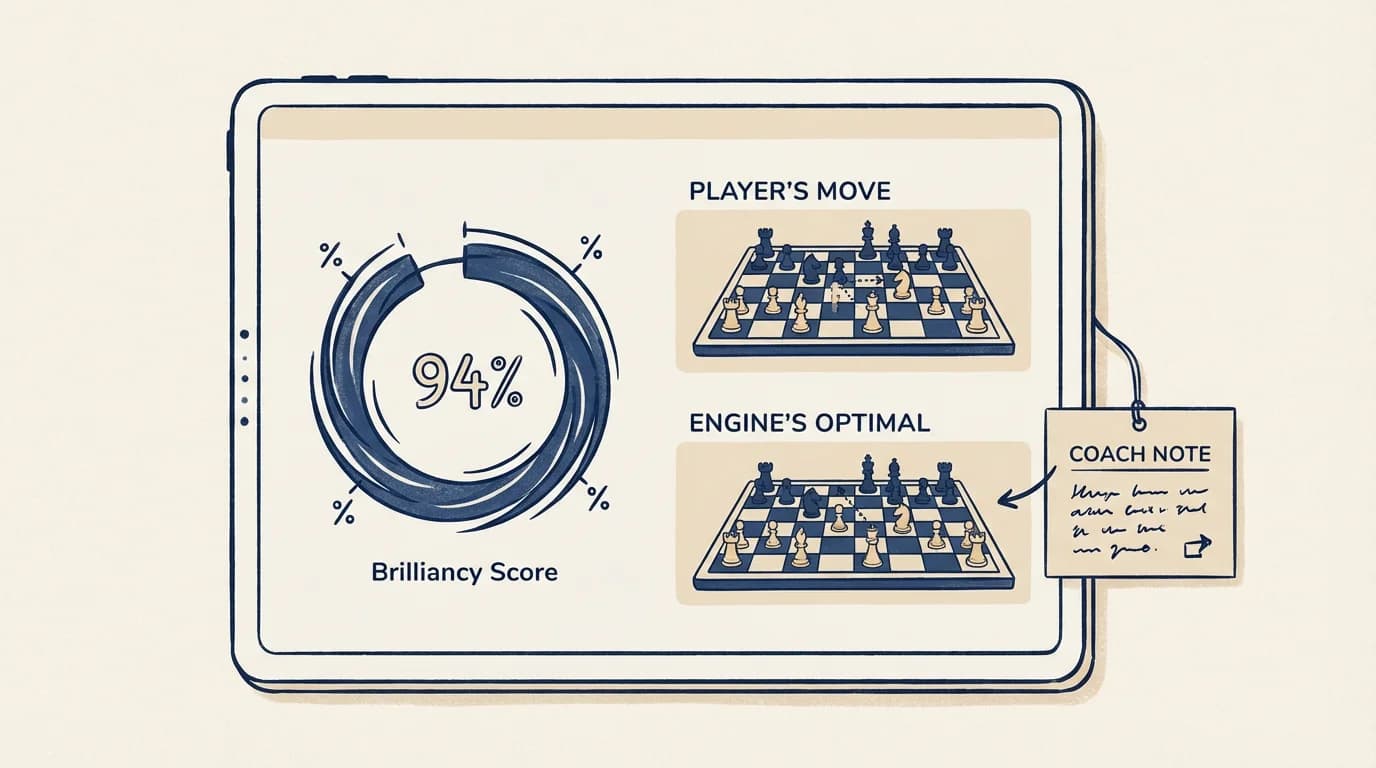 Post-game analysis panel with a brilliancy score ring beside a side-by-side move comparison highlighting an optimal play the user missed.