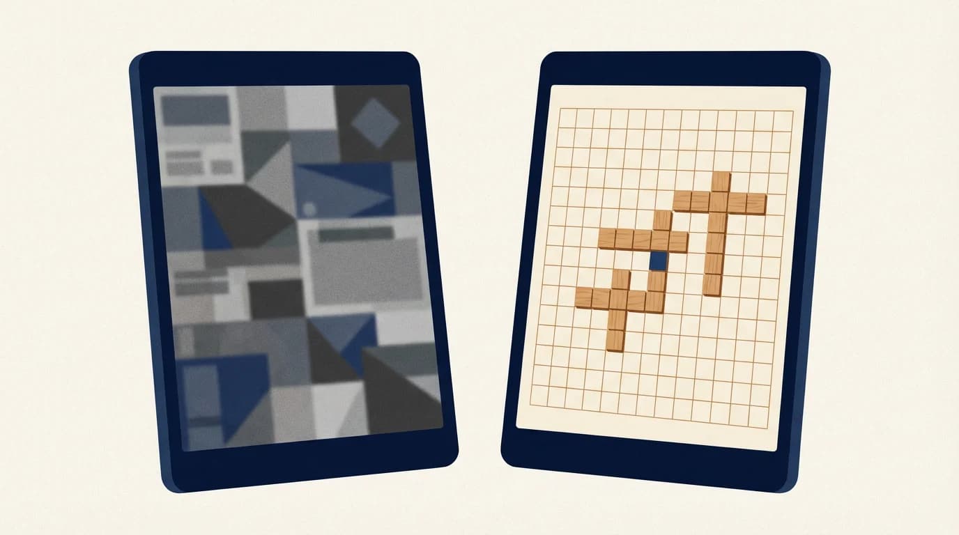 Two abstract tablet silhouettes on a warm cream backdrop: one cluttered with overlapping ad-like shapes, the other a calm WordSalvo 15×15 board mid-game.