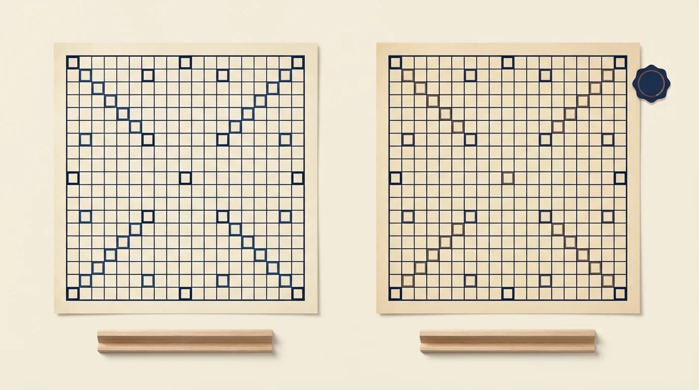 Two 15×15 word-game boards shown side by side at match start, same premium square counts and rack size, illustrating the shared format behind the comparison.