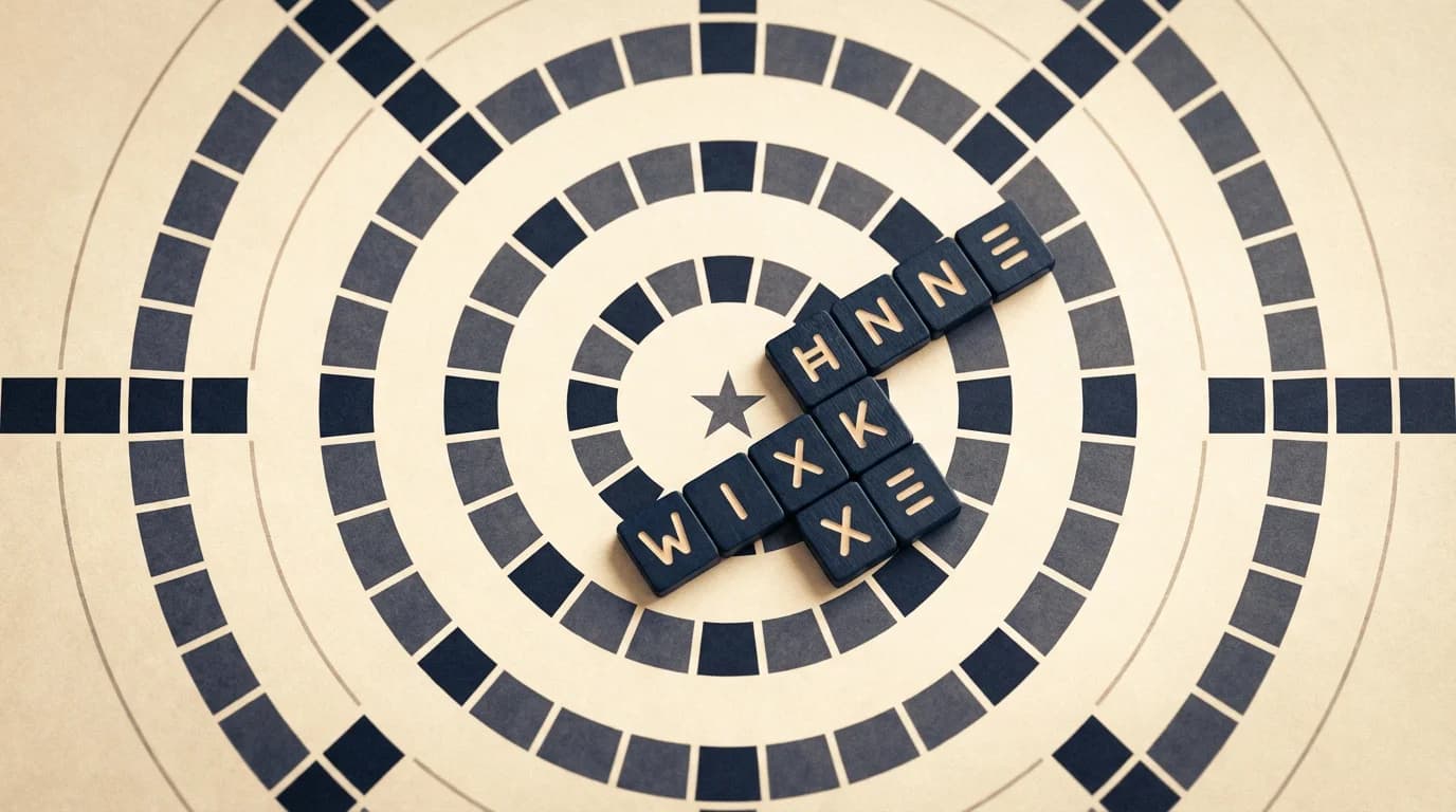 WordSalvo board seen from above with a quiet integrity motif — a subtle concentric ring pattern radiating from the center star, formed from the board squares themselves.