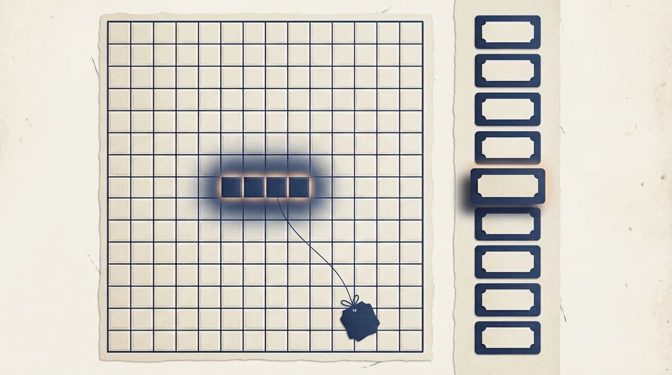Analysis replay view: a single move highlighted on a miniature WordSalvo board, a coach-note tag hanging off the highlighted tiles, and a vertical move-history strip beside the board.