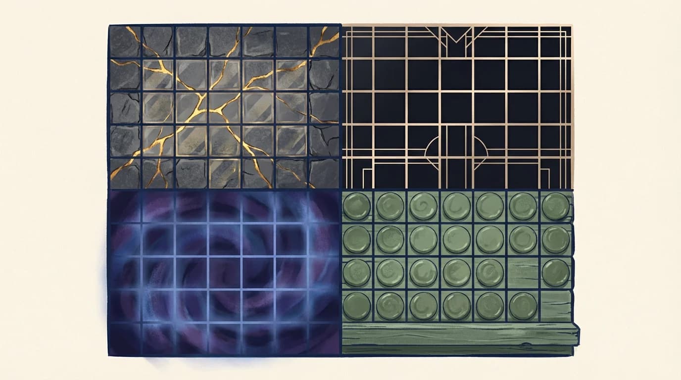 A composite WordSalvo board with four quadrants showing Kintsugi, Letterpress, Midnight, and Miami Neon visual themes.