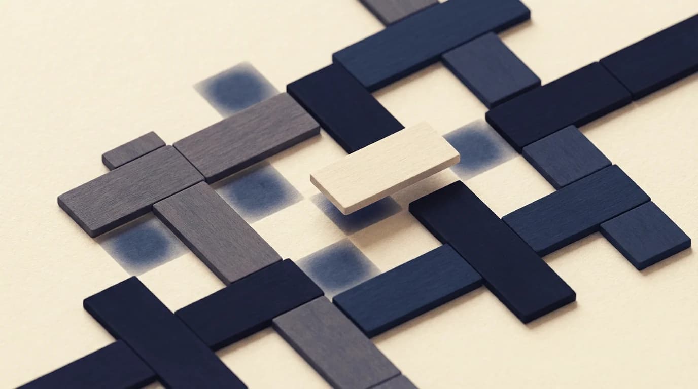 Abstract lattice of interlocking wooden-feel tiles on cream paper, with soft navy premium-square tints under a few cells and one tile slightly lifted.
