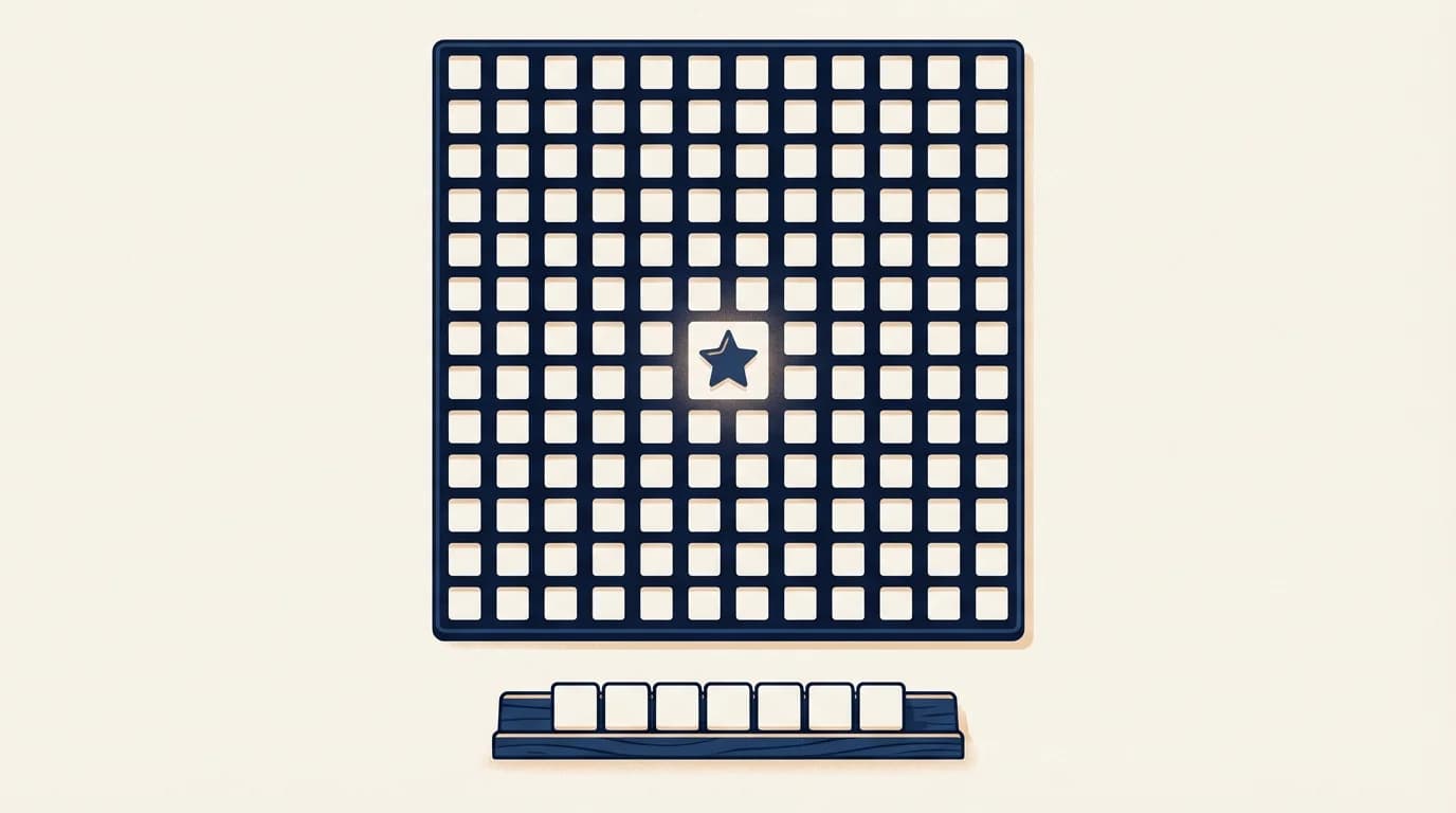 WordSalvo game board at the start of a match with an empty rack of seven letter tiles below it.