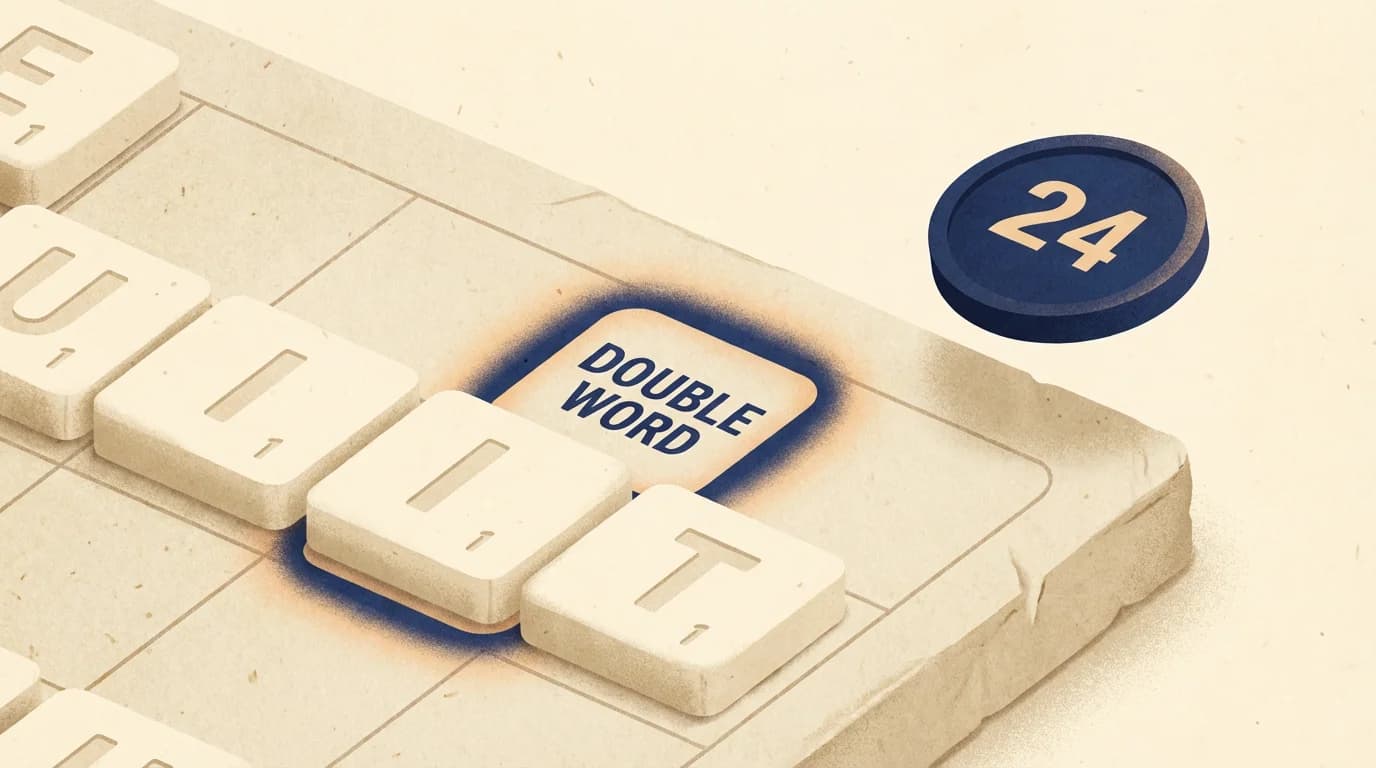 A WordSalvo move crossing a double-word square, with the word total highlighted in warm ink.