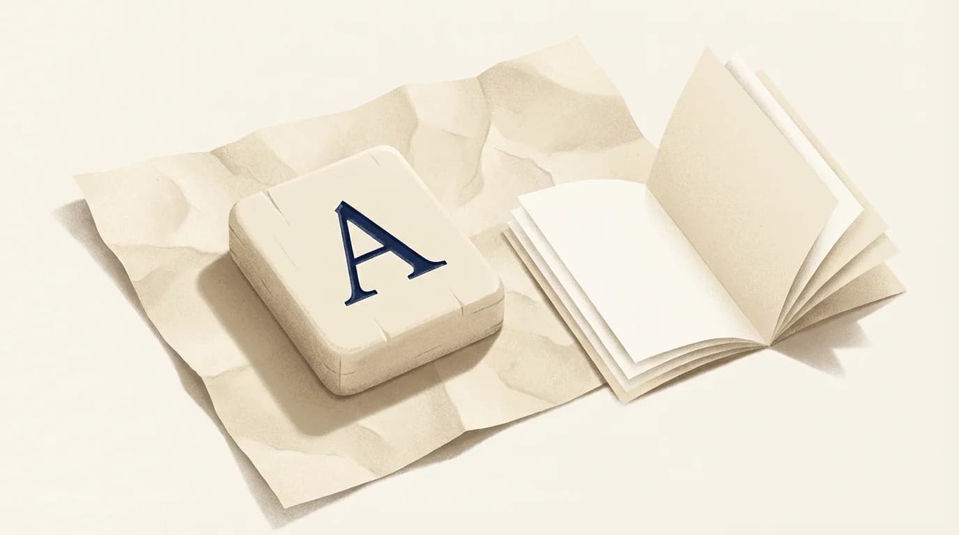 Ein cremefarbener WordSalvo-Spielstein auf strukturiertem Papier neben einer gefalteten Pressemappe, mit marineblauem Buchstabenakzent.