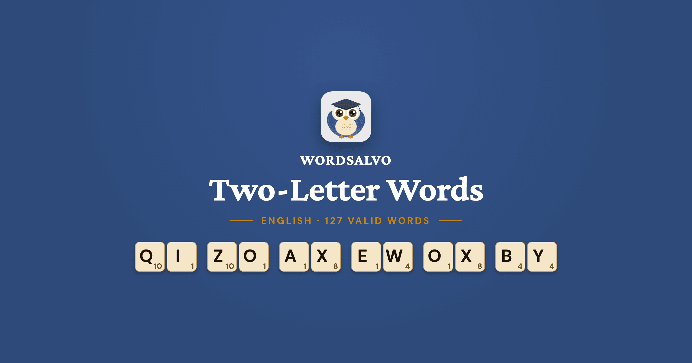 WordSalvo card on a navy background: “Two-Letter Words”, English, 127 valid words, with sample game tiles.
