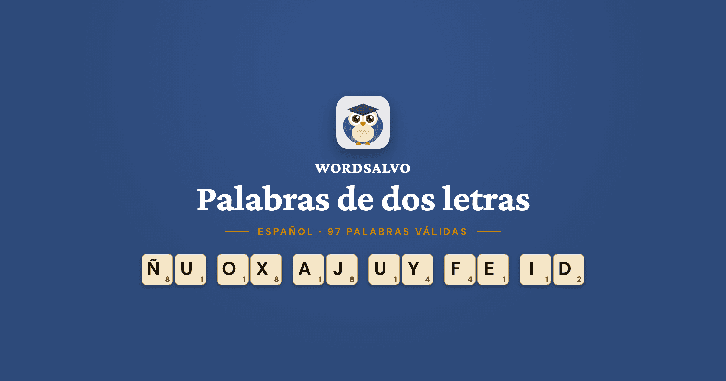 Tarjeta de WordSalvo sobre fondo azul marino: «Palabras de dos letras», español, 97 palabras válidas, con fichas de ejemplo.
