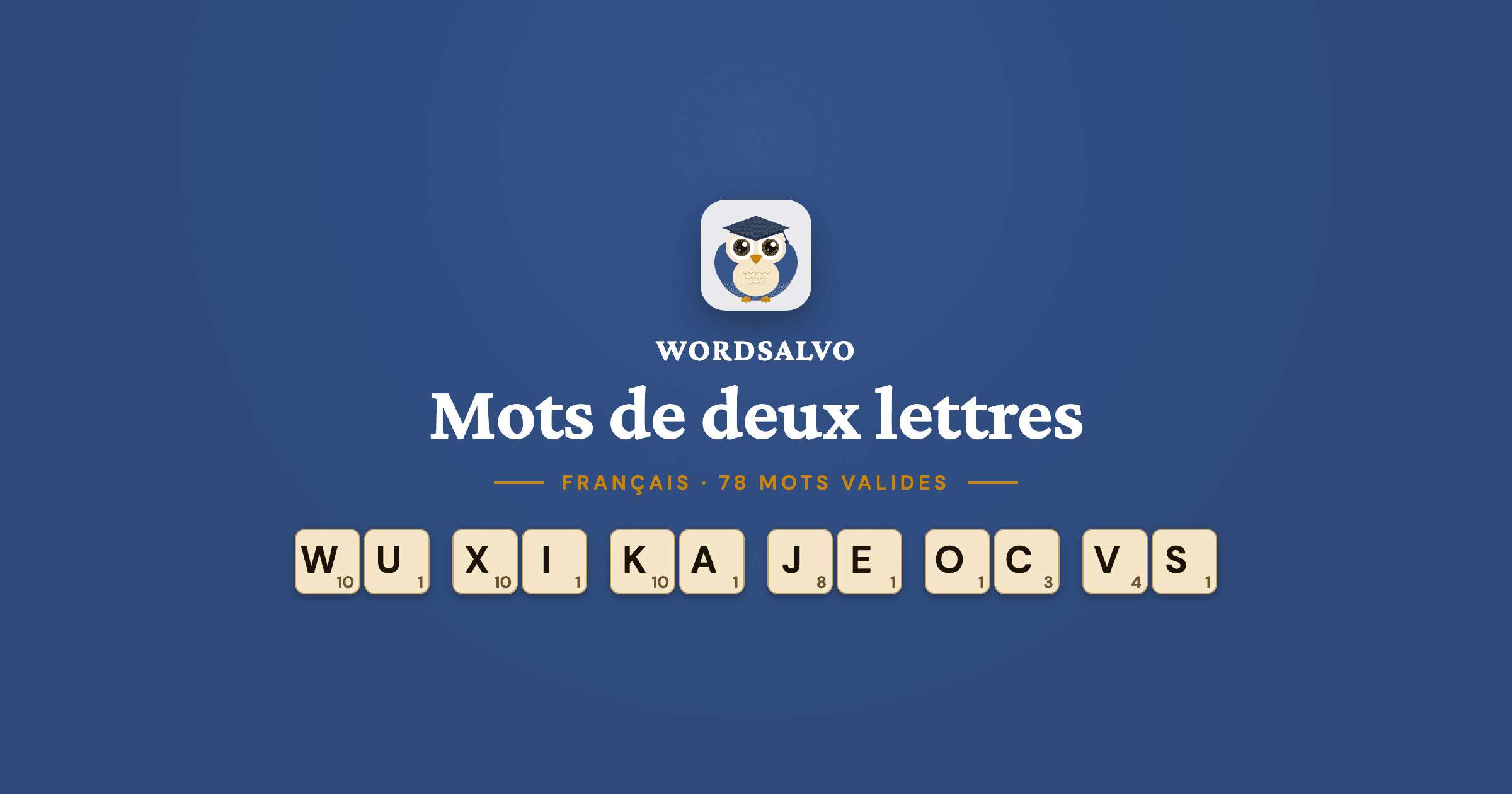 Carte WordSalvo sur fond bleu marine : « Mots de deux lettres », français, 78 mots valides, avec des tuiles d’exemple.