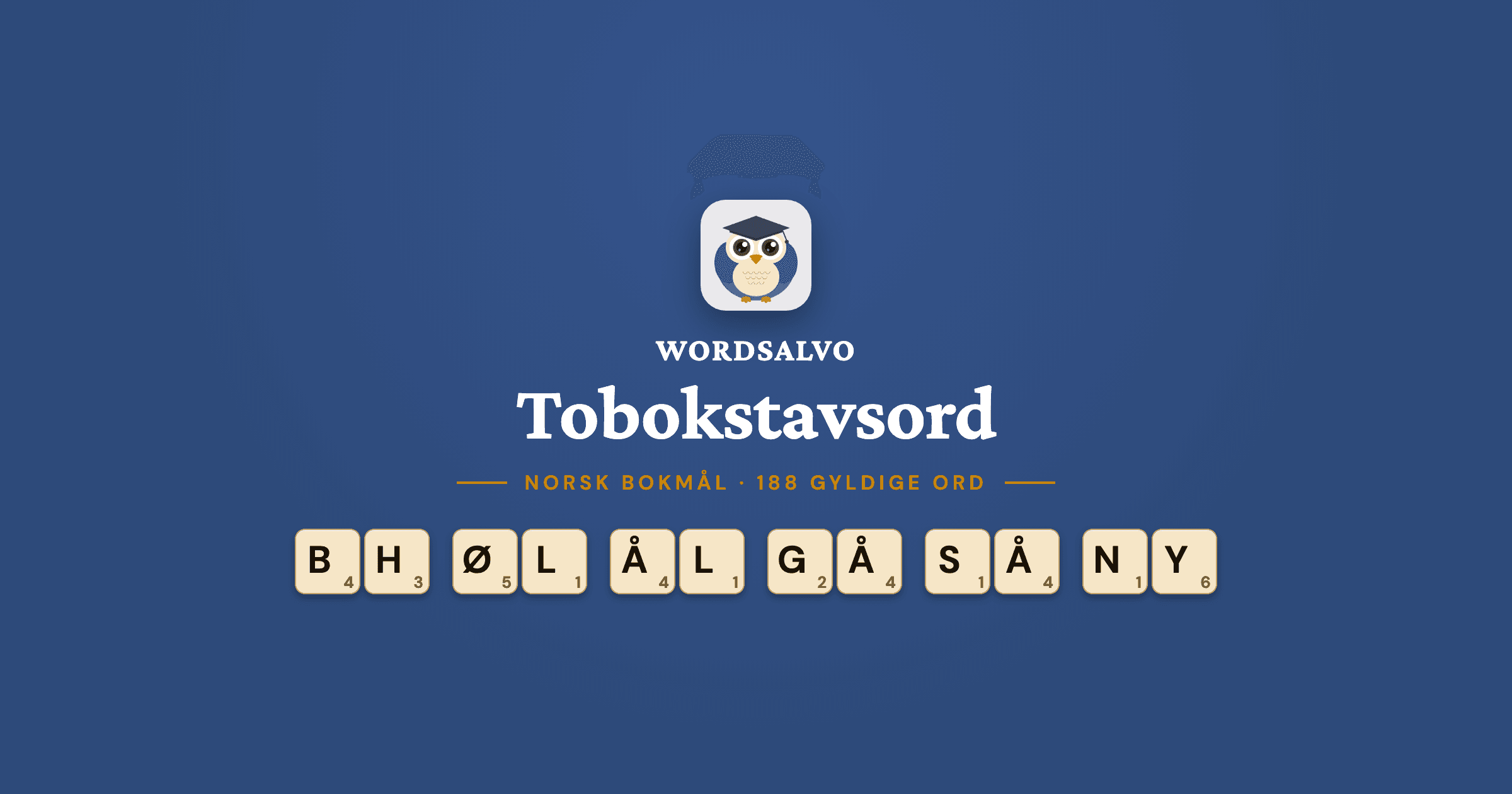 WordSalvo-kort på marineblå bakgrunn: «Tobokstavsord», norsk, 188 gyldige ord, med eksempelbrikker.