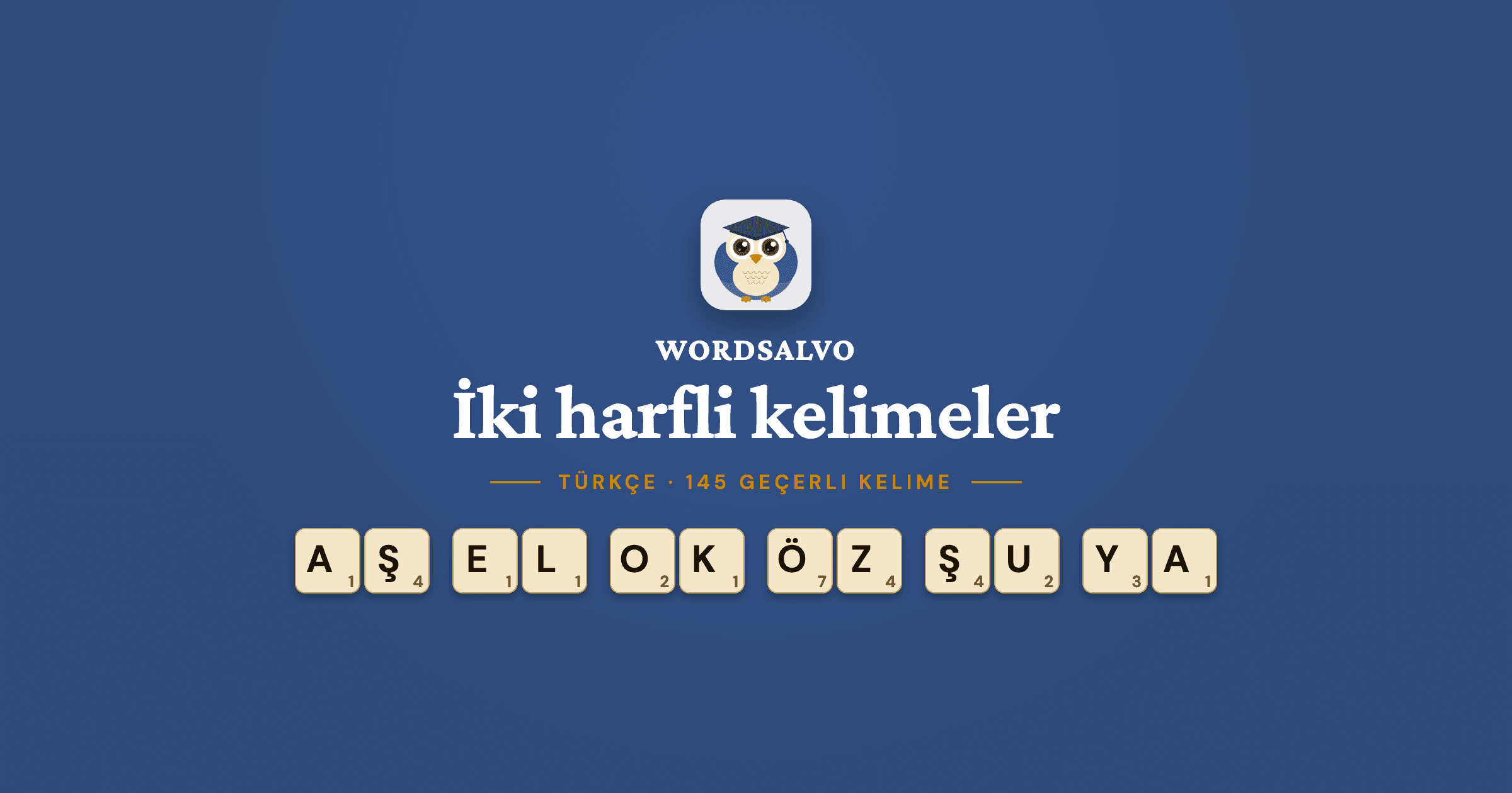 Lacivert zeminde WordSalvo kartı: “İki harfli kelimeler”, Türkçe, 145 geçerli kelime, örnek oyun taşlarıyla.