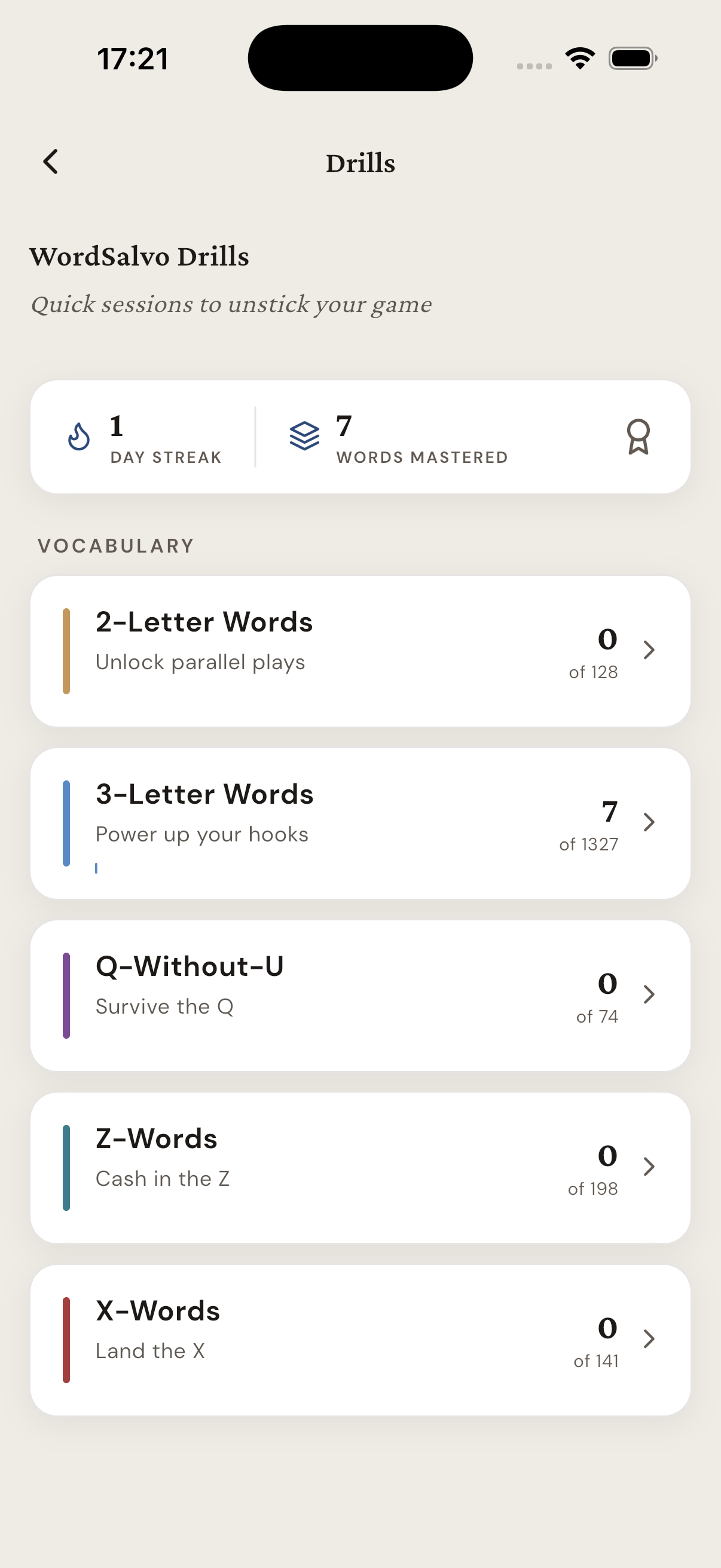 WordSalvo drills hub for word practice