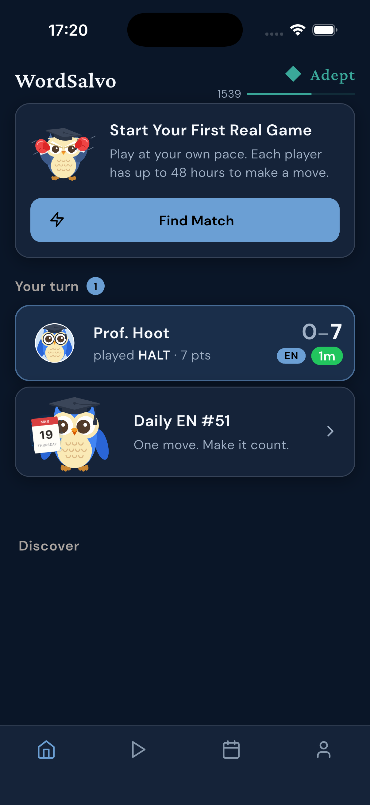 WordSalvo home screen with a real match and daily puzzle