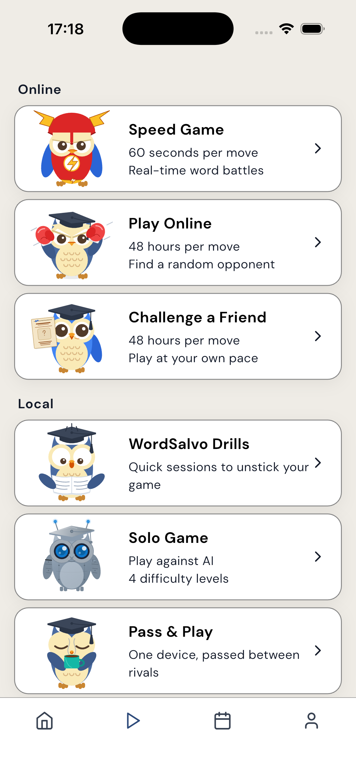 WordSalvo play hub for choosing match and practice modes