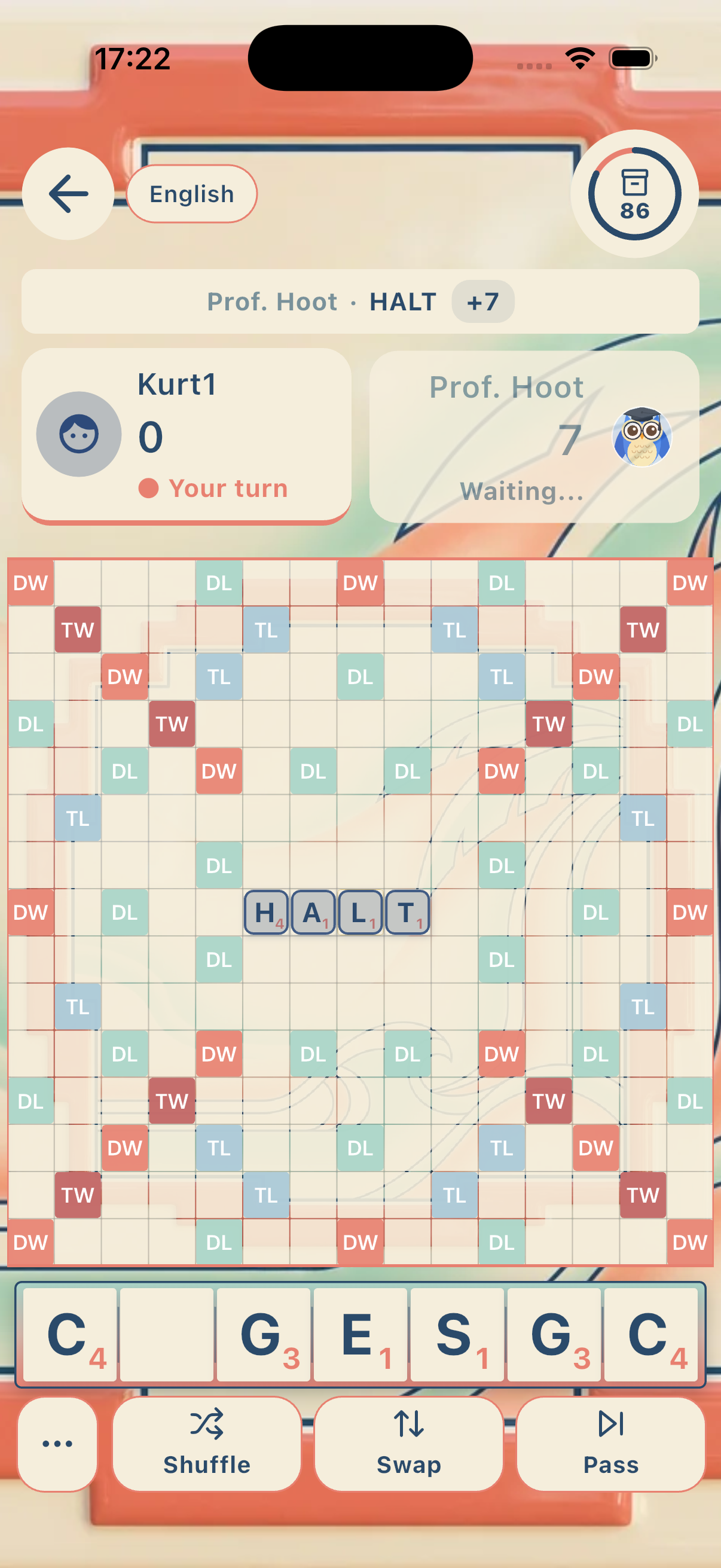 WordSalvo-bord met premium thema tijdens een match